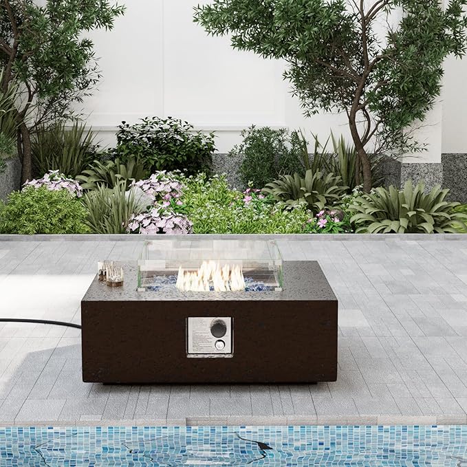 SUNBURY Outdoor Propane Burning Fire Pit, 35 inch Square Patio Fire Table 50,000 BTU Fire Pit for Outside with Waterproof Cover and Glass Stones, Rust-Red