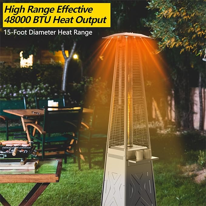 Stainless Steel 42000 BTU Outdoor Patio Gas Heater, Flame Glass Tube Fire Tower with Wheels & Beverage Rack, Safe Portable Heater for Patio Use