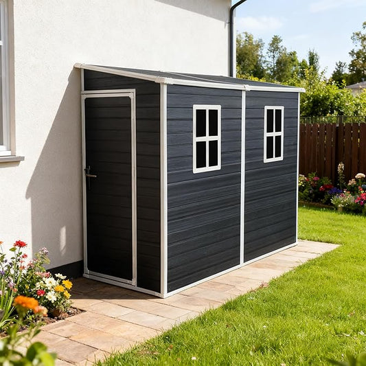 4‘x8’ Lean to Shed, Resin Storage Sheds Outdoor with Floor Included, Plastic Sheds & Outdoor Storage Clearance with 2 Windows, Backyard Storage Sheds for Garden Tools, Bicycle