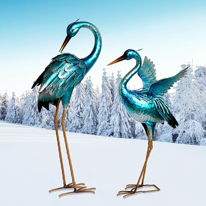 Garden Crane Statues for Outdoor Blue Heron Metal Birds Yard Art Ornaments for Backyard Pond Patio Porch Outside Decorations