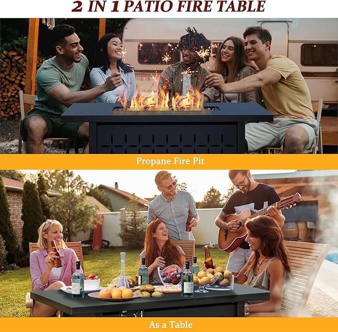 Vongrasig 43 inch Gas Fire Pit Table, 50,000 BTU Outdoor Rectangular Propane Firepit Table with Lid, Glass Wind Guard, Lava Rock, 2 in 1 Firepit Table for Outside, Patio, Deck, Garden, Backyard