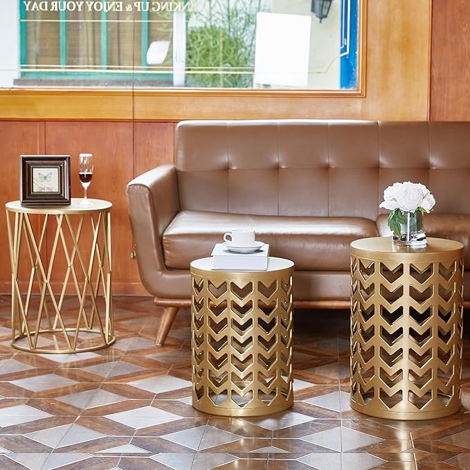 Y&M Set of 3 Gold End Tables, Nesting Metal Round Coffee Table, Heavy Duty Metal Plant Stand Garden Stool, Outdoor Multifunctional Use