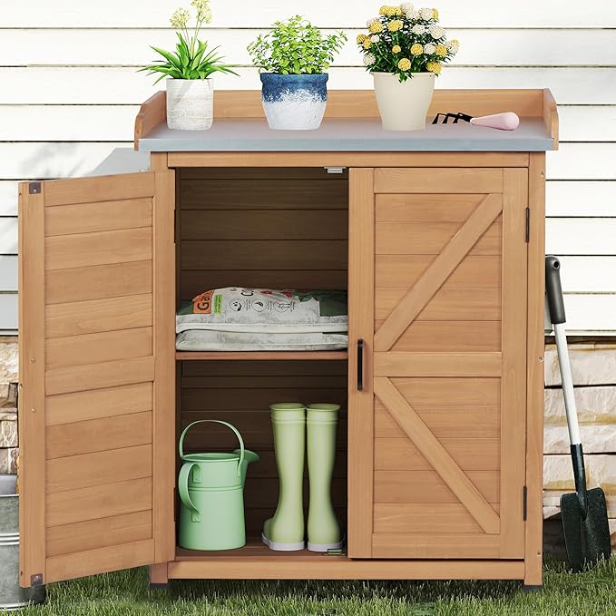 Outdoor Storage Cabinet & Potting Bench Table with Metal Top (Light Brwon, 39x31.5x17in)