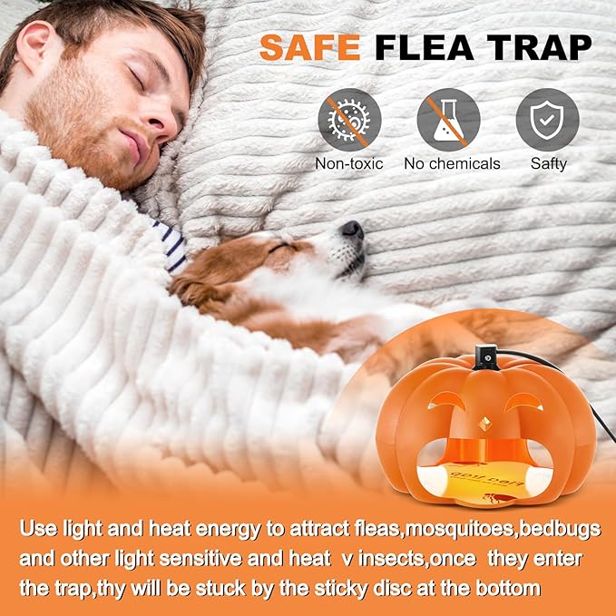 Qualirey 4 Pieces Flea Traps with 8 Sticky Disc 12 Bulbs 4 Electric Wires Pumpkin Halloween Flea Traps for Inside Your Home Light Trap for Indoor Safe to Pets