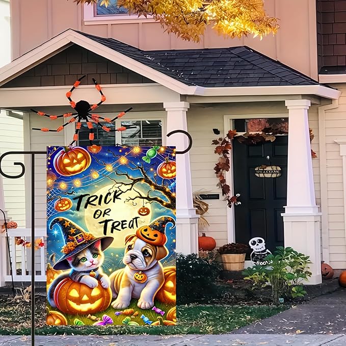 Halloween Garden Flag Double Sided 12x18 Flag Halloween Cat Dog Pumpkin Garden Flag Cute Halloween Dressed Kitten And Puppy Trick Or Treat Theme Indoor Outdoor Home Garden Decor Lawn Banner