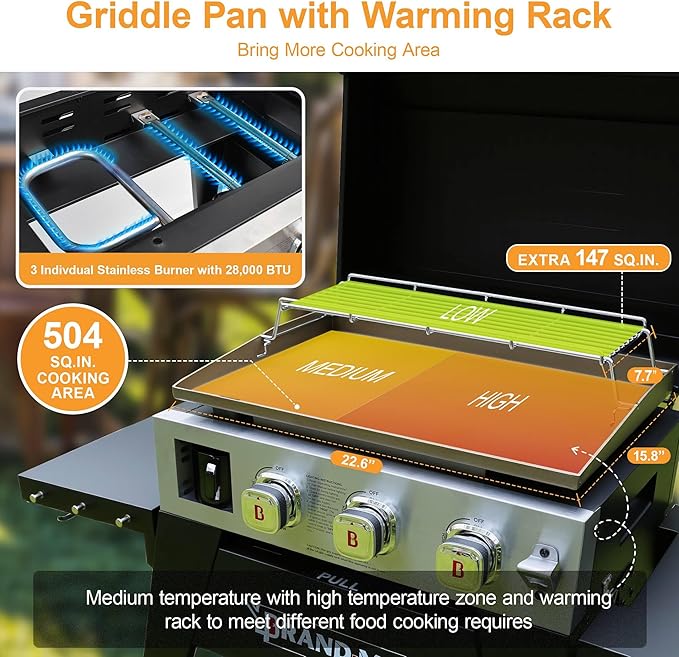 Brand-Man 3-Burner Portable Propane Gas Griddle with Lid - 28,000 BTU Flattop Griddle Grill, 504 Sq. In., Folding Side Tables, Rolling Cart for Outdoor BBQ, Camping, Patio