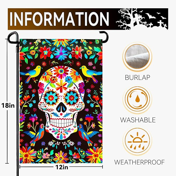 Day of the Dead Garden Flag Skull Welcome Floral Yard Flag Mexican Gothic Skeleton Flowers Birds Double-Sided Garden Flags Fiesta Dia DE Los Muertos Burlap House Banner 12x18 Inch