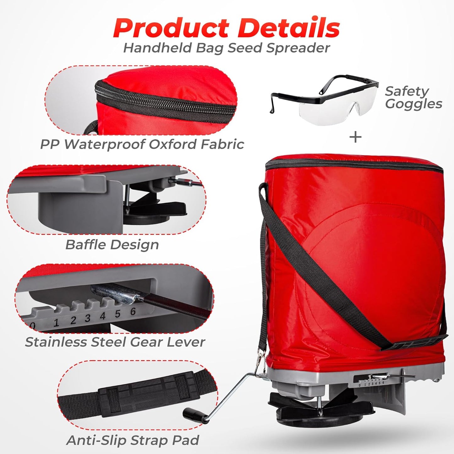 Walensee Handheld Seed Spreader with 25lb Bag, Frame Support, Flow Control, Enclosed Gears, Rear Baffle, Adjustable Strap & Goggles – Bag Seeder for Lawn and Garden, Red