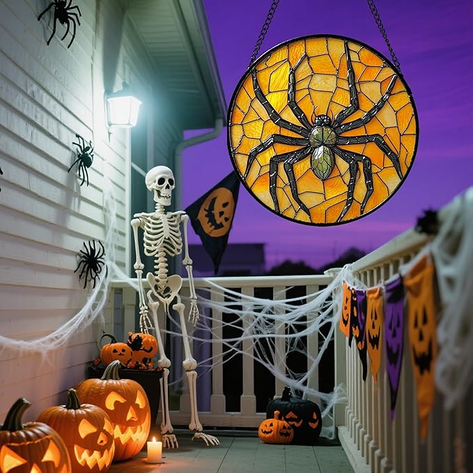 Stained Glass Window Hanging - Halloween Decorations Black Spider Suncatcher for Doors Garden Indoor Spooky Funny Sun Catchers Gothic Decor Horror Gifts for Women Men Friend 15 in