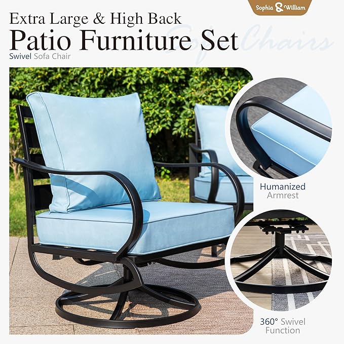 Sophia & William Patio Furniture Sets for 7 Outdoor Conversation Set 7 Pcs with 2 x Swivel Sofa Chairs, 2 x Armrest Chairs, 1 x 3-Seat Sofa, 2 x Ottomans for Coffee Garden Backyard Poolside Blue