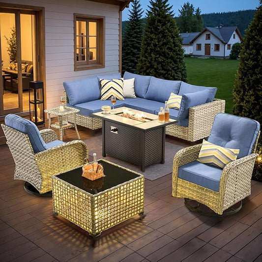 HOOOWOOO Outdoor Patio Furniture Set with Fire Pit Table,9 Pieces Wicker Out Door Sectional Furniture L Shaped Couch,Outside Patio Conversation Sets Swivel Chair,Blue