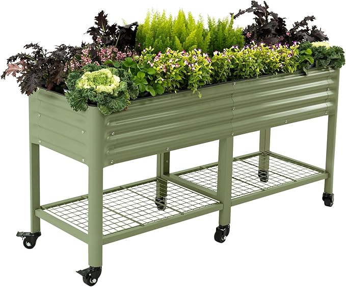 Rolling Elevated Raised Garden Bed-V Series, 2' x 6' Garden Beds with Legs & Storage Rack for Patio & Porch, 1000 Lbs Weight Capacity, Outdoor Planter Box for Vegetables Flower Herbs, Olive Green