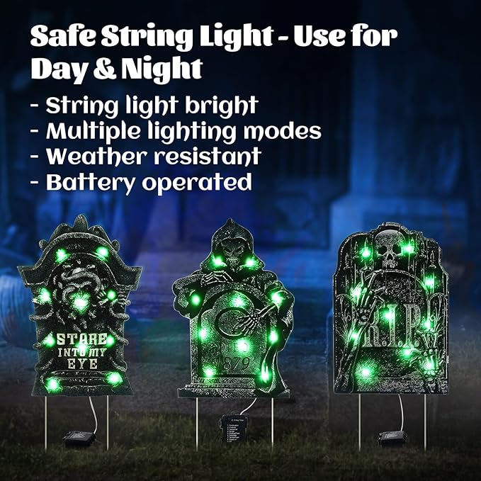 Halloween Tombstone Decoration - Lighted Gravestone Decor Yard Signs for Outdoor Yard Garden with Stakes 8 Lighting Modes - Green Light 3PCS