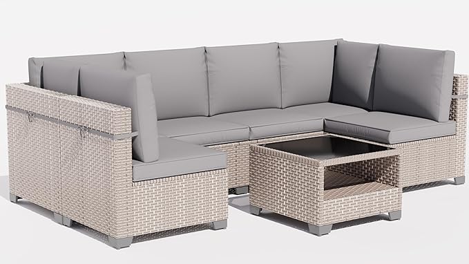 11 Pieces Patio Furniture Set, Outdoor Sectional Wicker Sofa with Thick Cushions and Storage Coffee Table, Rattan Patio Conversation Sets for Deck Garden Poolside, Grey