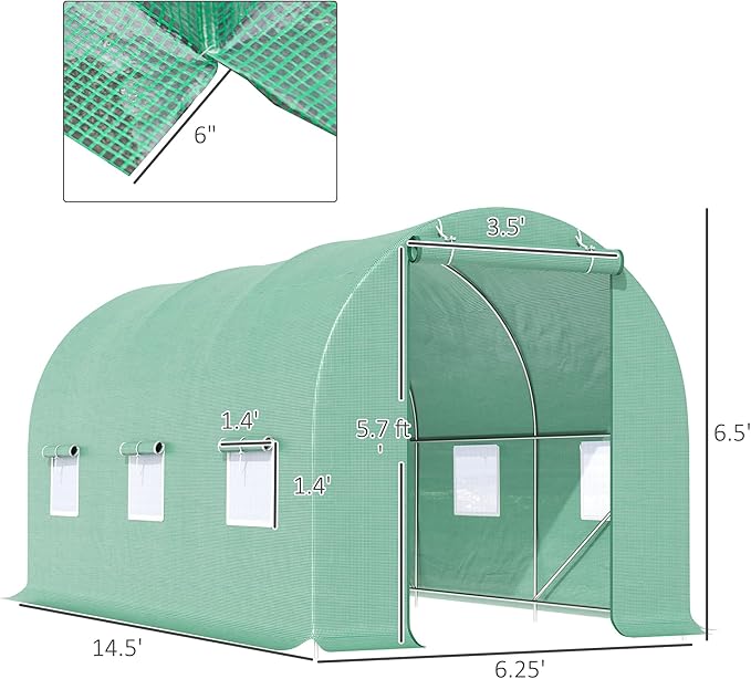 Outsunny 15' x 6' x 7' Walk-in Tunnel Greenhouse, Garden Green House with Roll-Up Door and Windows, PE Cover, Plant Growing House for Patio Backyard Garden, Green