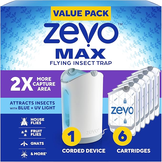Zevo MAX Bug Catcher & Fly Trap for Indoors - Flying Insect Trap for Gnats, House & Fruit Flies - Use in Any Room - No-Mess Disposal (1 Plug in Base & 6 Cartridges)