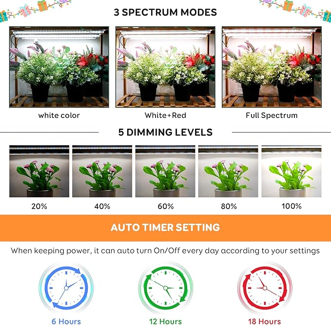 4 Bars Grow Light Strips for Indoor Plants with Auto ON/Off Timer 6/12/18H, 5 Dimmable Levels for Shelves Plant Growing(Pack 2)