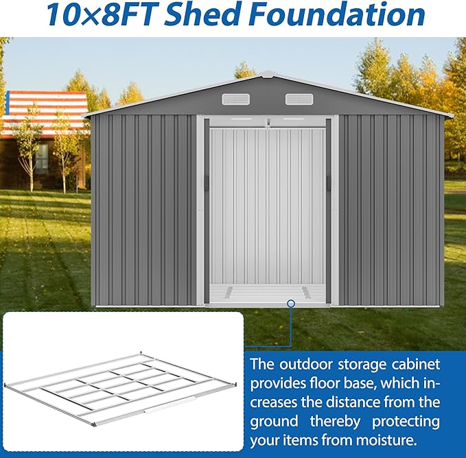 10X8 FT Outdoor Storage Shed, All Weather Metal Sheds with Lockable Doors, Tool Shed for Garden, Patio, Backyard, Lawn (Grey with Floor Frame, 10x8ft)