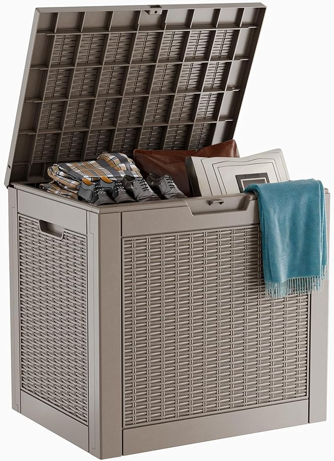 ROJIK Outdoor Storage Housing Deck Box - Waterproof Patio Furniture, Garden Tools, Cushions, Pool Accessories Storage Bench with Lockable Lid and Side Handles (Grey Rattan, 30 Gal)