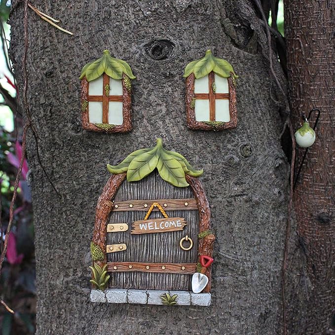 Fairy Door and Windows Garden Kit Accessories Outdoor, Glow in Dark Gnome House for Tree, Lawn Yard Art Sculpture, Miniature Garden Decor (Leaf)