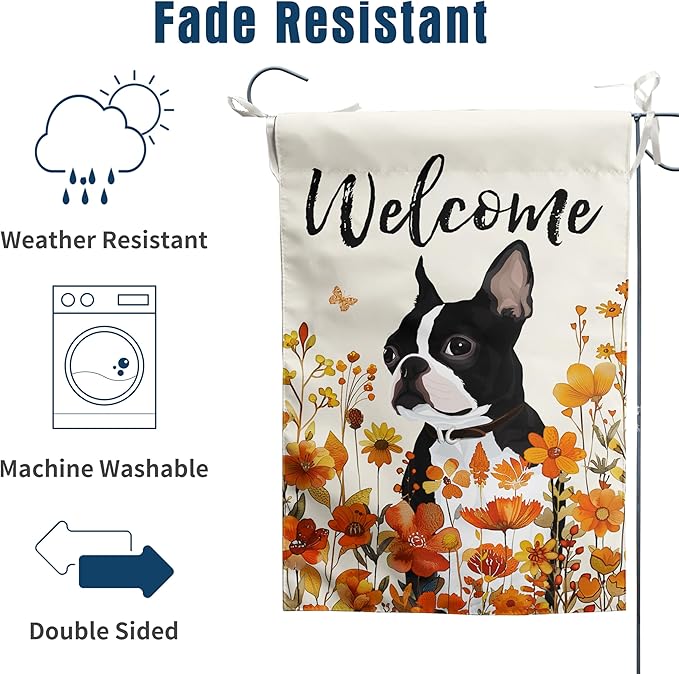 Floral Boston Terrier Garden Flag Fall Yard Flag Wildflower Dog Garden Flags Orange Autumn Lawn Flags Welcome Thanksgiving Outdoor Flags for Outside 12x18 Double Sided Small