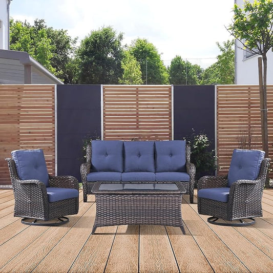 4 Piece All-Weather PE Wicker Outdoor Furniture Set with Swivel Rocker Chairs, Outdoor Sofa & Coffee Table