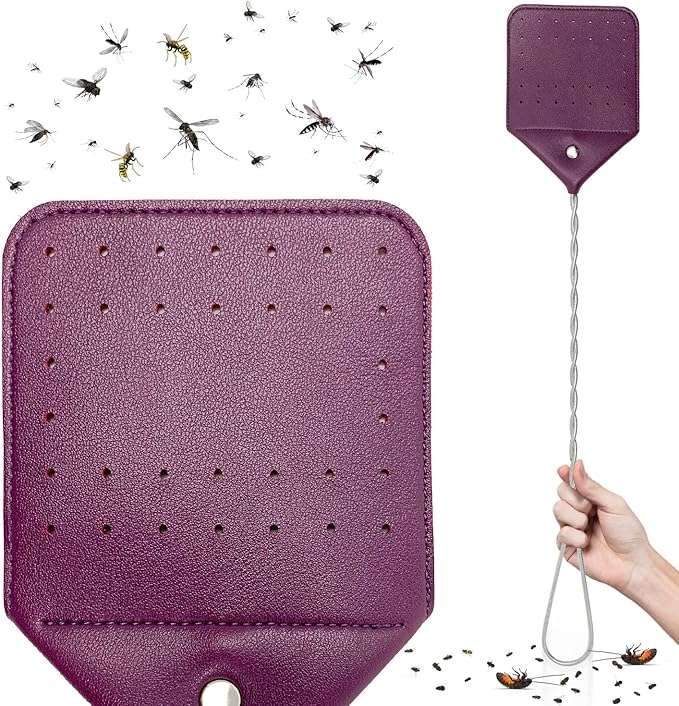 Fly Swatter Heavy Duty Vegan Leather, 21" Thicker Extra Long Sturdy Metal Woven Wire Handle, Manual Large Flies Killer Swatters Insect Smasher Bug Bee Wasp for Indoor and Outdoor (1 Pack, Purple)