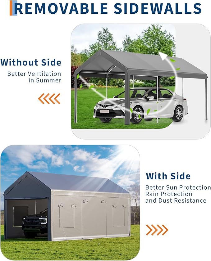 10 X 20FT Heavy Duty Carport, Portable Garage with Roll-Up Windows,Removable Sidewalls & Doors, Outdoor Tent Garage for Car,Truck,Boat