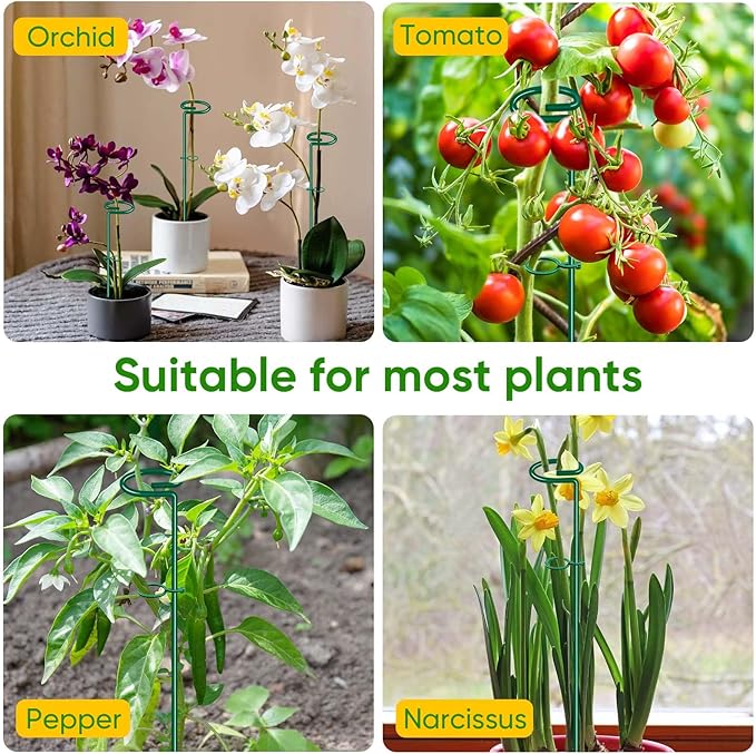 HiGift 17 inch Plant Support Stakes, 4mm Thick Garden Single Stem Flower Support Stake Amaryllis Plant Cage Support Rings with 10 pcs Plant Clips for Tomato Orchid Lily Peony Rose Flower Stem-5 Pack