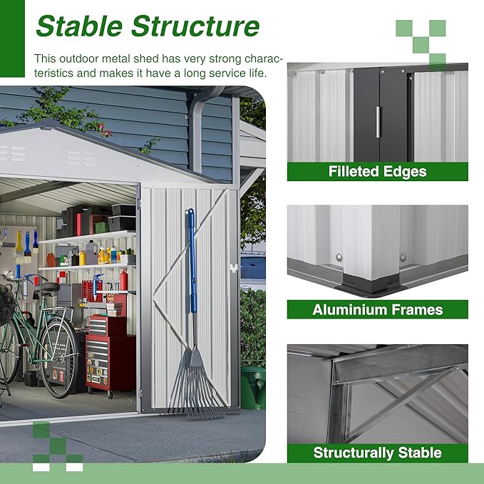 Outdoor Storage Shed, 10X8 FT Galvanized Steel Metal Shed, Lockable Waterproof Tool Storage Sheds for Garden, Patio, Lawn – Durable Storage Solution in Multiple Sizes