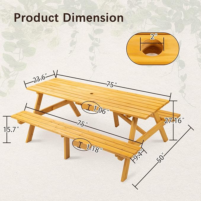 8-Person Wooden Picnic Table with 2 Built-In Benches, 75"L x 50"W Outdoor Dining Table, 2220lb Capacity Includes Umbrella Hole & Weather-Resistant Finish, Perfect for Backyard, Camping, Yellow