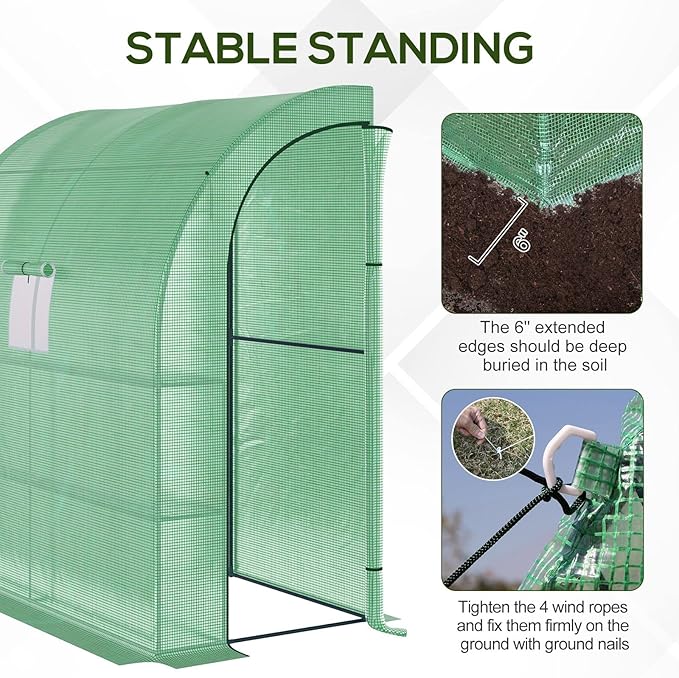 Outsunny 7' x 3' x 7' Lean to Greenhouse, Walk-in Green House, Plant Nursery with 2 Roll-up Doors and Windows, PE Cover and 3 Wire Shelves, Green
