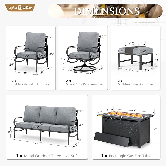 Sophia & William Patio Furniture Sets for 9 with 45" Gas Fire Pit Table Outdoor Conversation Sets 8 Pcs, 2xSofa Chairs, 2xSwivel Cushion Chairs, 1x3-Seat Sofa, 2xOttomans for Porch Poolside Grey