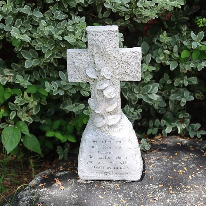 bocola Elegant Memorial Resin Cross with 3D Roses - Honor Your Loved Ones with Grace and Beauty Suitable for Cemetery Grave Indoor Memorial Decoration