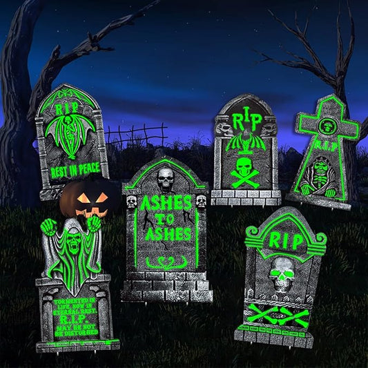 Large Halloween Tombstones Decorations, 6 Pack 16.5"x10" Light Up Tombstone for Graves, Plastic Spooky Outdoor Halloween Gravestone, Waterproof Cemetery Grave Decor with 12 stakes for Yard Lawn Party