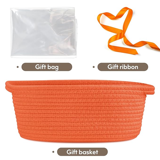 Pro Goleem Small Woven Basket with Gift Bags and Ribbons Durable Baskets for Gifts Empty Small Rope Basket for Storage 12"X 8" X 5" Baby Toy Basket with Handles, Orange