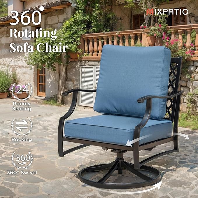 Patio Furniture Set 7 pcs, Outdoor Patio Furniture, 3-Seat Sofa, 2 Single Chairs, 2 Swivel Chairs, 2 Ottomans and 5.75" Extra Thick Cushion, Conversation Set for Deck,Navy Blue