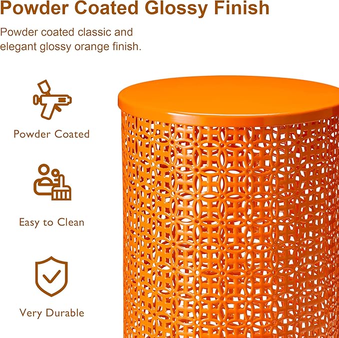 Glitzhome Outdoor Side Table Set of 2, Decorative Garden Stool for Indoor Outdoor Heavy Duty Metal Frame Accent Table Modern End Table, Glossy Orange