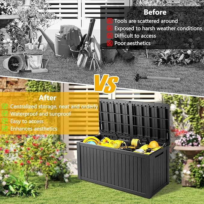 200 Gallon Deck Box, Resin Outdoor Indoor Waterproof Storage Box, Lockable Storage Box With Handle for Patio Furniture - Garden Tools - Swimming Pool Tools UV-Resistant, Black