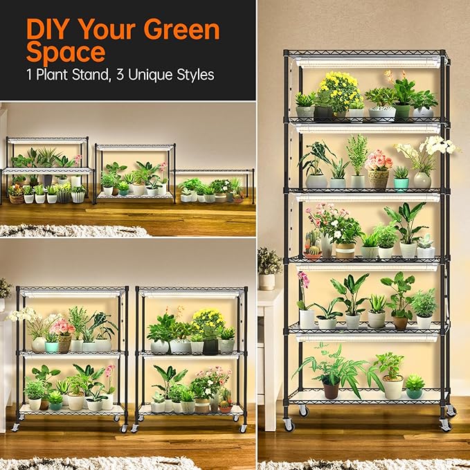 DIY Plant Shelf with Grow Lights and EVA Greenhouse Cover, Plant Stand with Adjustable Rack and Wheels, 8-Pack 192W T8 3000K Full Spectrum Plant Lights for Seed Starting (29.5L x 13.8W x 70.9H)