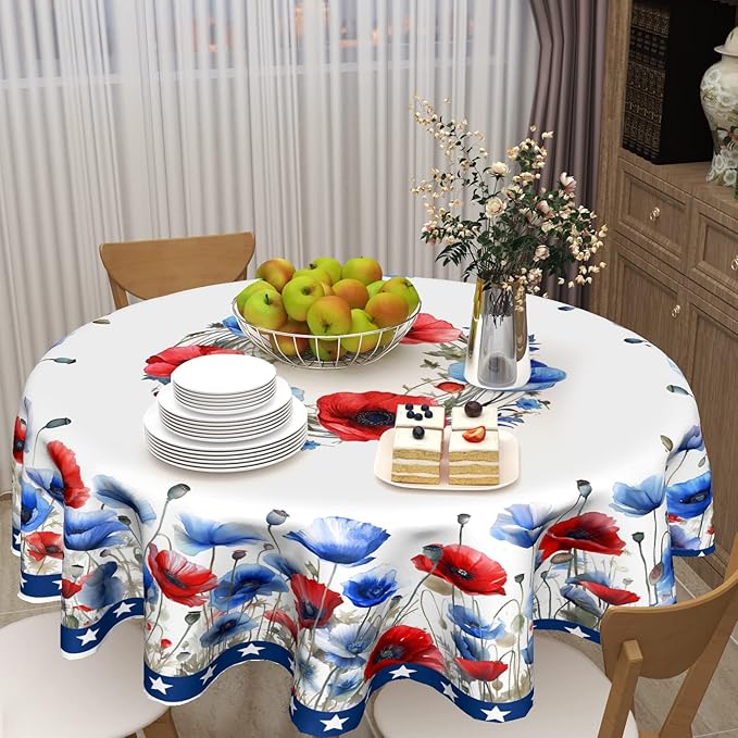 4th of July Round Tablecloth 60 Inch Patriotic Watercolor Poppy Flower Stars Kitchen Table Cloth Independence Memorial Day Heat Resistant Washable Reusable Tables Cover for Party Picnic Dinner Decor