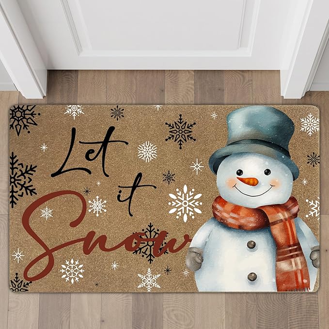 Let It Snow Christmas Faux Coir Door Mats Outdoor, Christmas Holiday Door Mat for Home Outside Entryway, Xmas Snowman Snowflake Welcome Doormat for Indoor Outdoor Porch Entrance, 17x30 Inch
