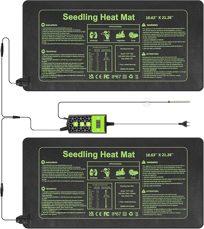 Seedling Heat Mat 10X20.75`` with Thermostat Durable Waterproof Warm Hydroponic Plant Heating Pad Temperature Controller Auto Off Timer for Seed Starting Germination Plant Propagation (2 Heat Pad)