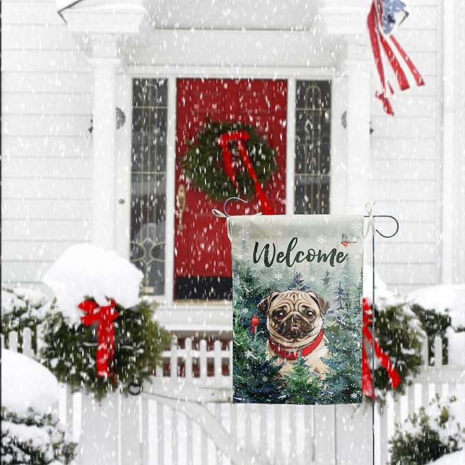 Welcome Winter Garden Flags Pug Garden Flag Cardinal Birds on Snowy Pine Tree Flag Dog Yard Flags for Outside 12x18 Double Sided Christmas Decorative Lawn Flags