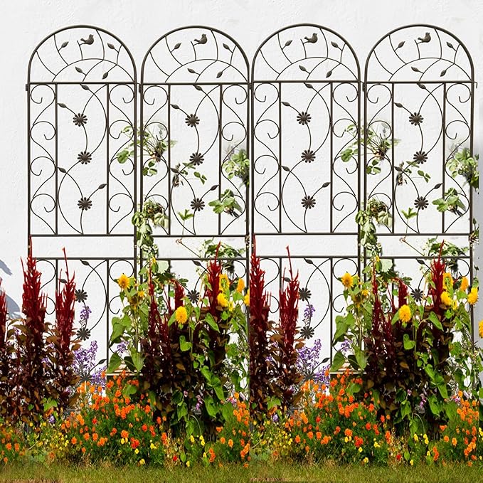 4 Pack Metal Garden Trellis for Climbing Plant Rose Stand, Brown Outdoor 86.7'' Tall Flower Support Iron Garden Fence, Brown