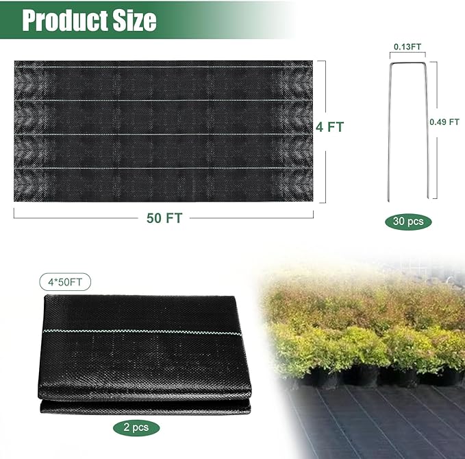 4 x 100FT Garden Weed Barrier Landscape Fabric Heavy Duty Weed Fabric Barrier Premium Garden Ground Cover Weed Control Mat with 30 U-Shaped Securing Pegs for Garden Farming Ground (4 x 50FT 2 Pack)