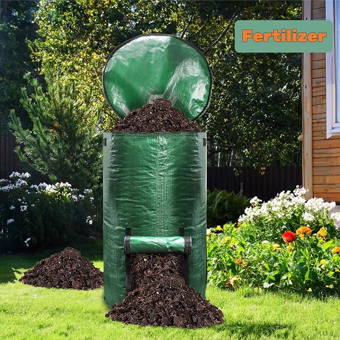 4 Pack 34 Gallons Reusable Yard Waste Bags, Leaf Lawn Collector Containers with Lid and Handles, Heavy Duty Collapsible Compost Bins with Bottom Window for Outdoor Debris Wet Leaves Grass