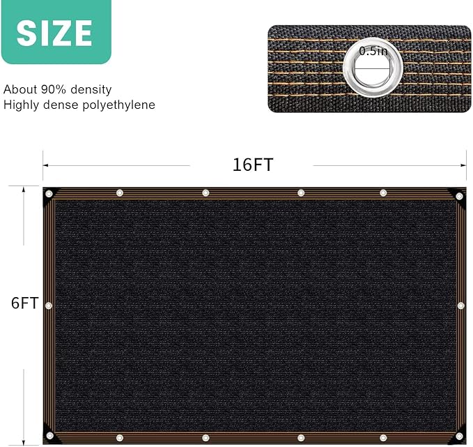 QNLONG Shade Cloth for Garden， 90% Black Shade Net Mesh Tarp with Grommets Sun Shade Cover Tear Resistance for Plants Greenhouse Chicken Coop Vegetables Pergola 6X16FT