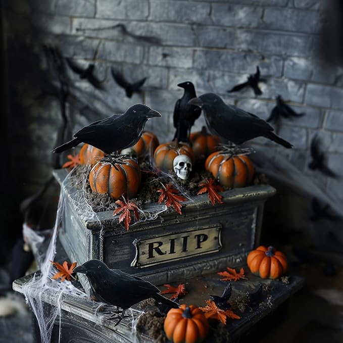 NEROSUN 6 Pack Halloween Black Feathered Crows, 5.7" & 8.7" Realistic Feathered Black Birds Raven, Halloween Decoration for Indoor Outdoor Home Yard Garden Party Decor