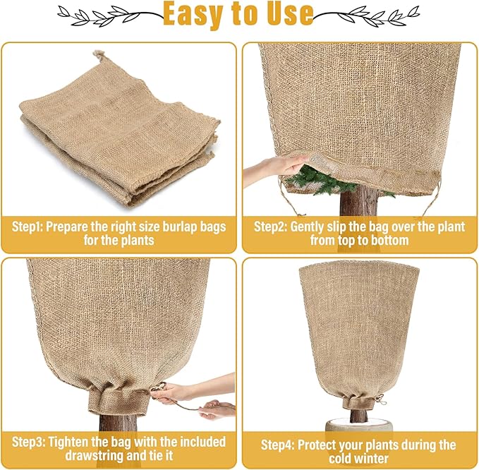 Riare 2 Packs 32 × 40 Inch Burlap Winter Plant Cover Bags with Drawstring- Reusable Large Burlap Sack Plant Frost Protector, Plant Frost Cloth Cold Tree Freeze Blanket for Outdoor Plants Shrubs Fruit
